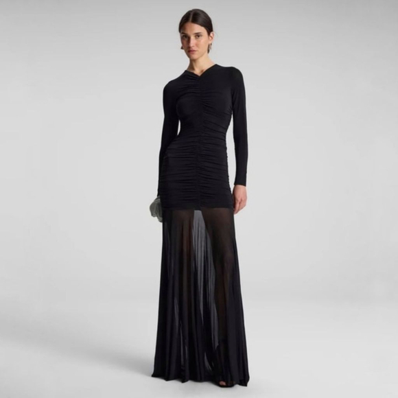 A.L.C. Women's Fawn Ruched Mesh Maxi Dress black sheer skirt column gown large L